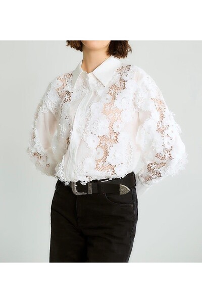 Lavanta Tekstil Floral Print Lace Li Linen Shirts