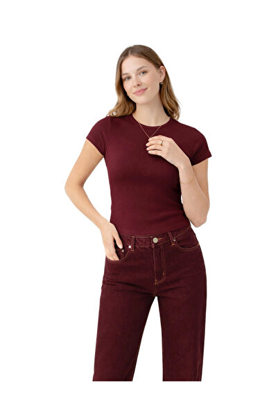 MetuCA Жіноча бордова бавовняна ребриста тканина з короткими рукавами та круг...