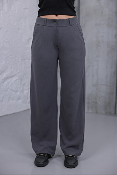 MYRAB DENİM بنطلون نسائي رمادي عالي الخصر بنطلون واسع الأرجل واسع الساق كريب ...