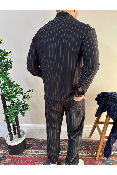 blucombin Set cămașă și pantaloni din crep cu dungi, stil baggy, pentru bărbați