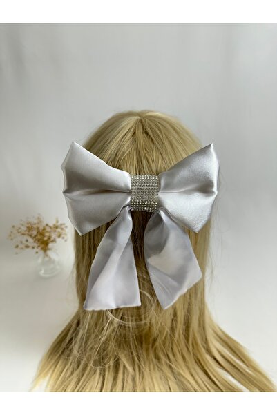 MegssStore مشبك أوتوماتيكي بفيونكة من الساتان الأبيض مرصّع بالأحجار