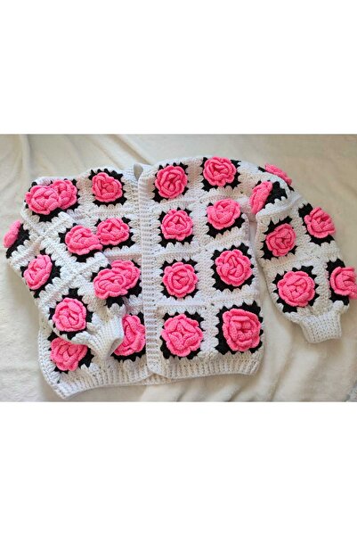 ELARAKNİTS HANDMADE Handmade Three-Dimensional Rose Motif Knitted Jacket