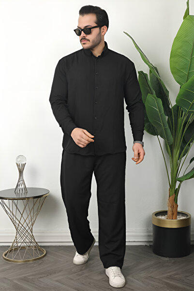 beuivo Men's Sofia Linen Long Sleeve Black Shirt & Sofia Linen Black Baggy Pa...