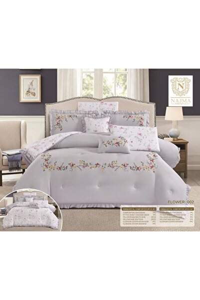 NAJMA مفرش فلاور سرير مزدوج وجهين مطرز سادة و مشجر ناعم طقم- 8 قطع - لحاف نفر...