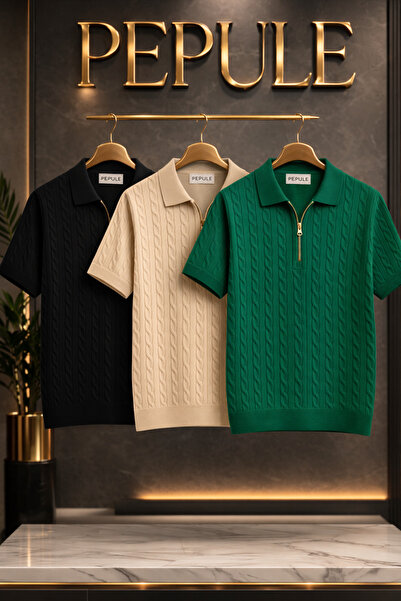 oneoff Men's 3-Pack Polo Neck Knitwear Textured Regular Cotton Multi-Colored ...