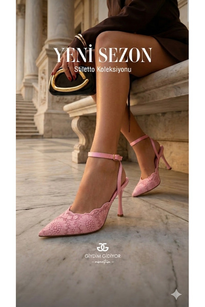 Giydim Gidiyor Lace Heart Dantel Stiletto Pembe