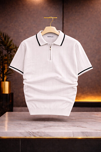 oneoff Men's Polo Collar Knitwear Textured Half-Zip Regular Cotton T-Shirt