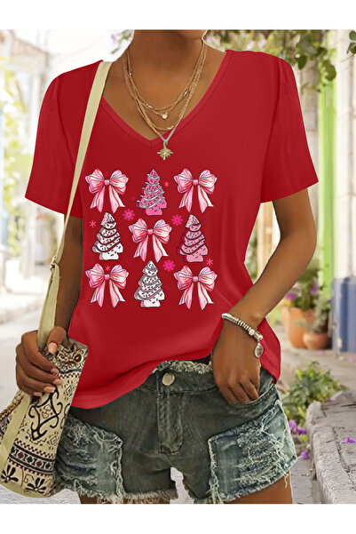 mercoledi Women's Christmas Ribbon Printed V-Neck Sleeves Regular Fit T-Shirt