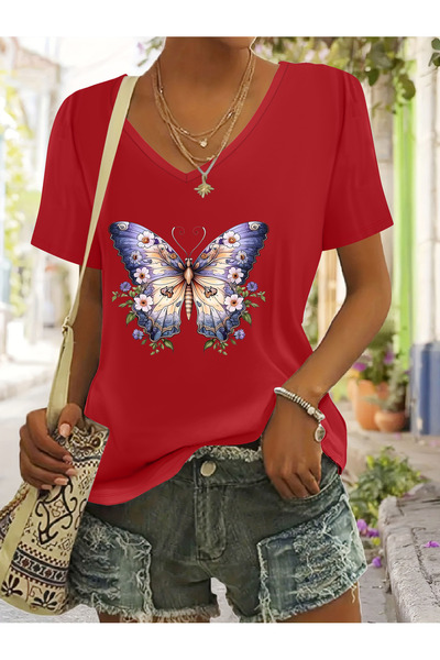 mercoledi Women's Butterfly Printed V-Neck Sleeved Regular Fit T-Shirt
