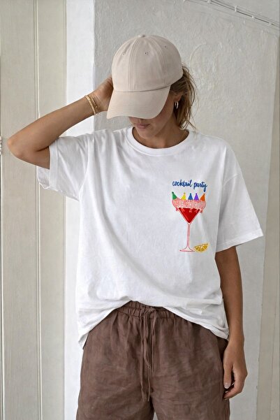 Monila Kadın Premium Kumaş Ekru Köpek Baskılı Oversize T-Shirt