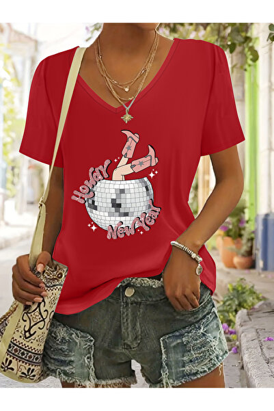 mercoledi Women's Disco Printed V-Neck Sleeved Regular Fit T-Shirt