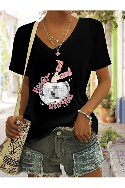 mercoledi تي شيرت ديسكو مطبوع للسيدات بأكمام على شكل حرف V وقصة عادية