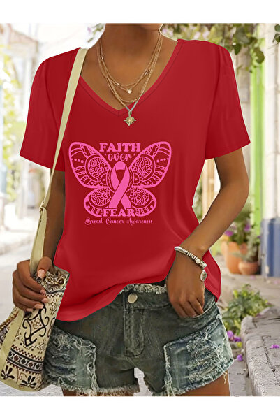 mercoledi Women's Butterfly Printed V-Neck Sleeved Regular Fit T-Shirt