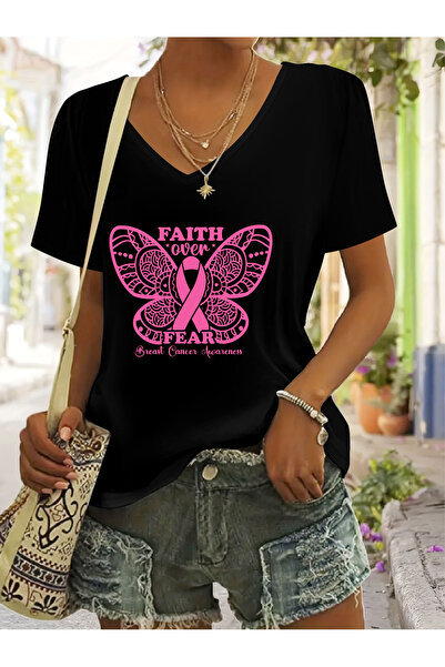 mercoledi Women's Butterfly Printed V-Neck Sleeved Regular Fit T-Shirt