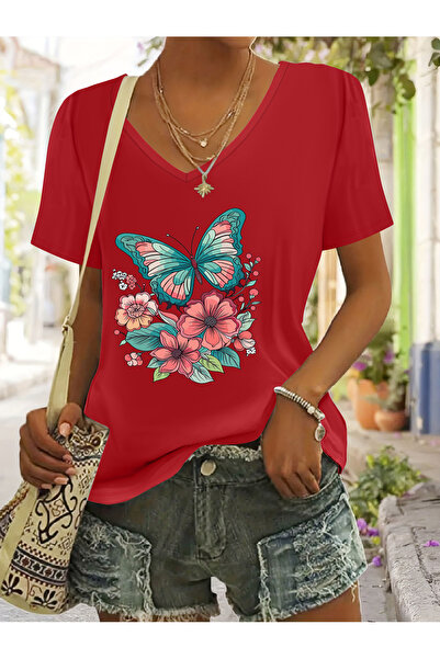 mercoledi Women's Butterfly Printed V-Neck Sleeved Regular Fit T-Shirt