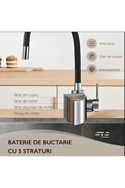 Ruhhy Baterie Chiuvetă Bucătărie Flexibilă 360°, Inox, Pipă Înaltă, Cartuș Ceramic, Negru/Argintiu