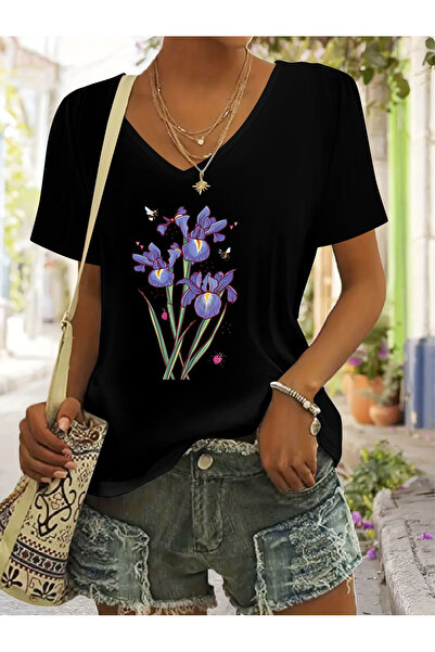mercoledi تي شيرت نسائي ذو أكمام على شكل حرف V مطبوع من Flower ذو تصميم عادي