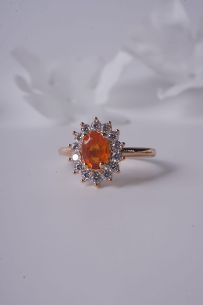 Aksesuaring 5*7mm Ateş Opal& Zirkon Taşlı Gümüş Yüzük