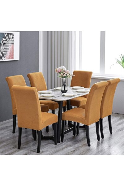 Trendily Set of Elastic Chair Covers, 6 Chairs, Beige, 55 x 45 cm