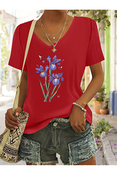 mercoledi Women's Floral Printed V-Neck Sleeved Regular Fit T-Shirt