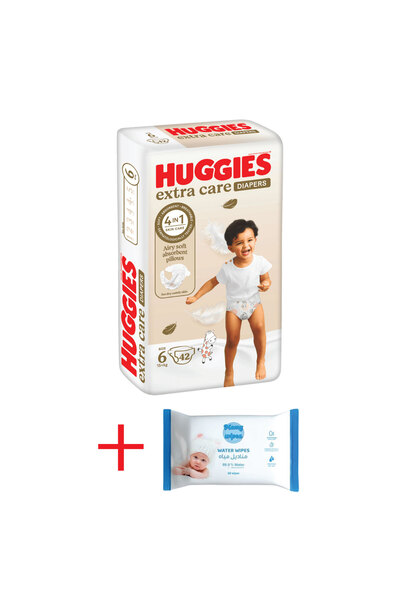 Huggies حفاضات إكسترا كير مقاس 6 عبوة جامبو 42 قطعة + مناديل مامي بيور ووتر