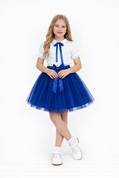 Nacar Kız Çocuk Fiyonklu Dantelli Gömlek Tütü Etek Takım 23 Nisan 29 Ekim Gös...