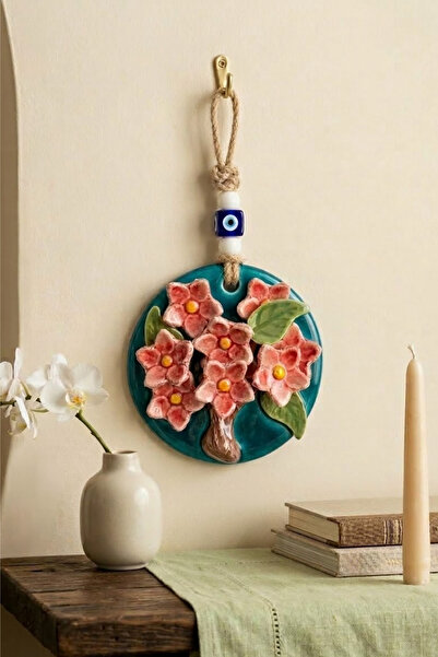 dduvar Nazar Boncuklu Çiçek Figürlü Dekoratif Duvar Süsü – Turkuaz Renkli Ask...