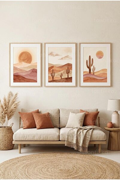 Tontilika Bohem Çöl Manzaraları ve Kaktüsler 3’lü Ahşap Çerçeveli Tablo Seti