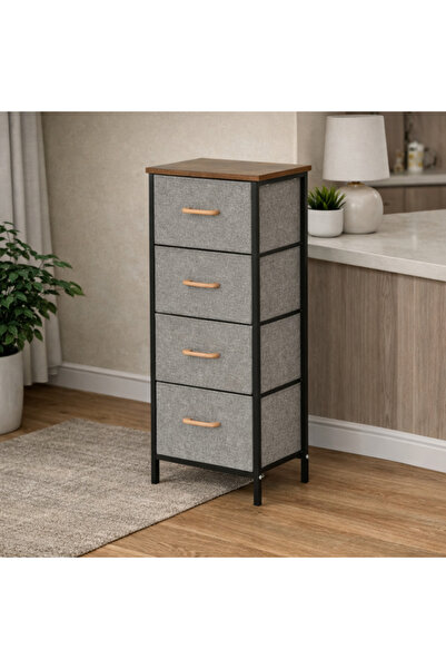 OEM - Noptieră 4 Etajere cu Sertare Textil, Lemn & Metal – 40x30x94 cm, Dulăp...