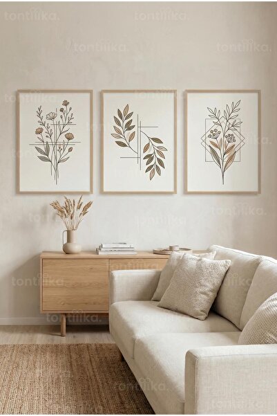 Tontilika Minimalist Botanik Çizimler 3’lü Ahşap Çerçeveli Tablo Seti