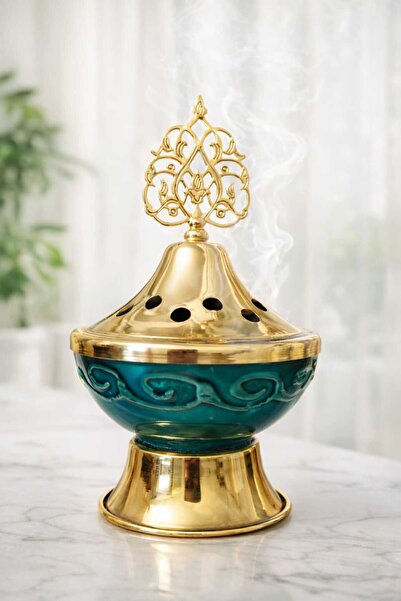 Banum Luxury Turkuaz Ve Altın Tonlu Pirinç Metal Tütsülük-Otantik Ve Zarif At...