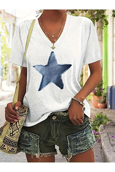 mercoledi Women's Mix Printed V-Neck Sleeved Regular Fit Comfortable T-Shirt