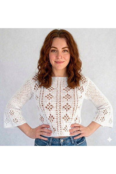 MEGA Megahan zarif el orgusu ajurlu bohem beyaz el orgu baharlik, yazlik bluz