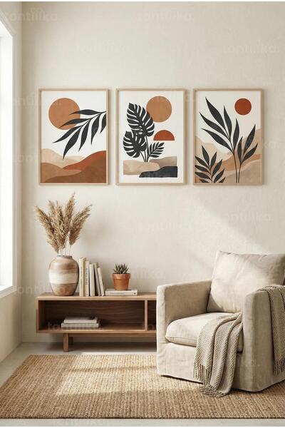 Tontilika Minimalist Bohem Bitki Sanatı 3’lü Ahşap Çerçeveli Tablo Seti