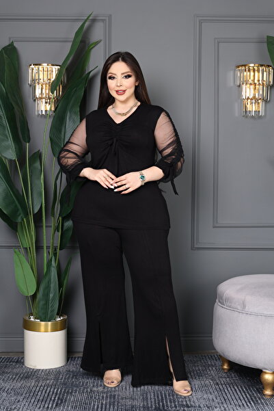 BONİTA FASHİON Sleeve and Chest Ruched V-Neck Tulle Paneled Stylish Flared De...