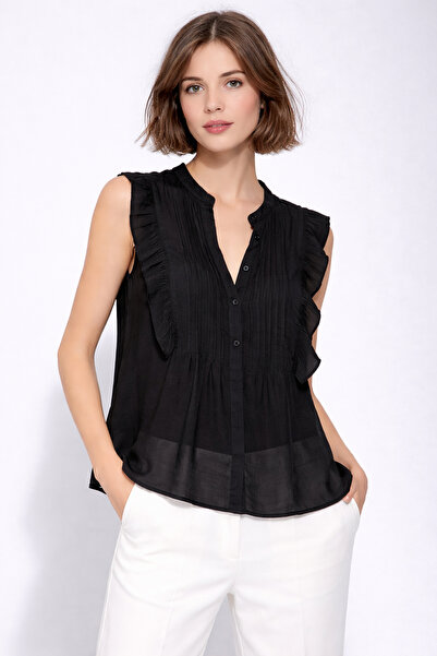 MAMAYAGA Women Mock Neck Half Pat Button Ruffle Sleeve Chiffon Stylish Office...