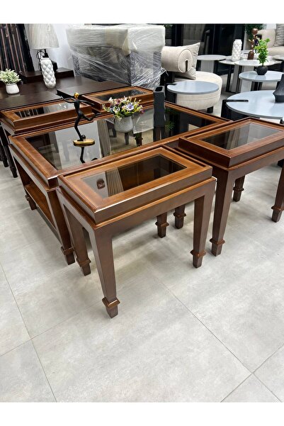 Tables Brown wood coffee table set with tempered glass – elegant classic desi...