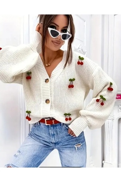 VARENZEA Women's Cherry Patterned V-Neck Buttoned Knitwear Cardigan Jacket Cropped Comfortable Fit Stylish Sweater