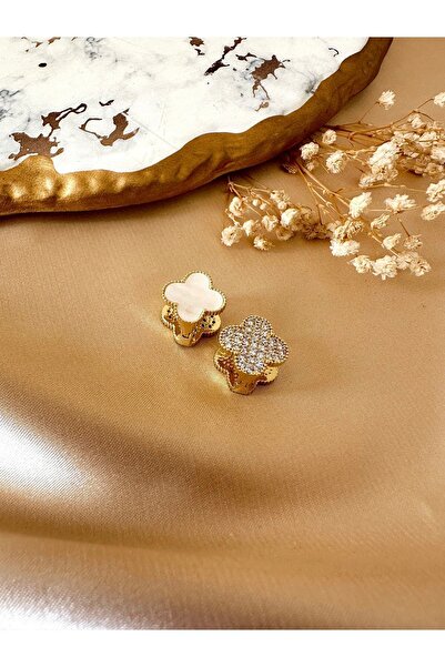 ANGELSS JEWELLERY Steel Zircon Stone Earrings Clover Model White Stone Earrin...