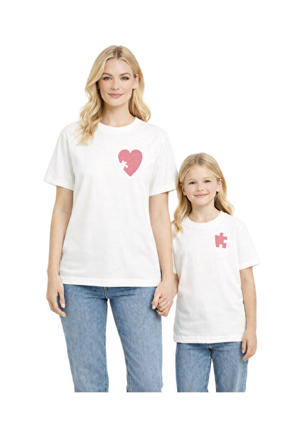 Mügerella تي شيرت Mother Daughter Combination Puzzle Heart مطبوع - تي شيرت عا...