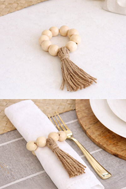KÜTÜKhouse Wooden Beaded Tasseled Napkin Ring Set of 6