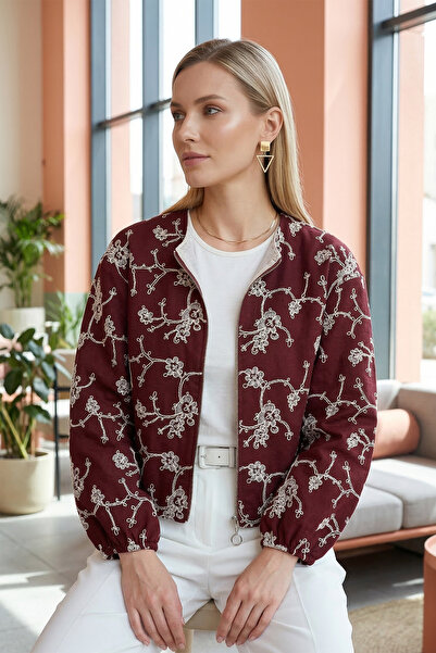 MODAQU سترة K كتان مطرزة بسحاب - أحمر كلاريت