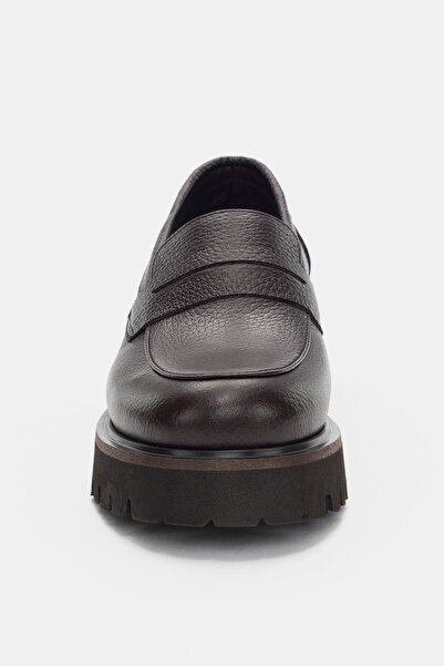 selin shoes Lorian Hakiki Deri Ön Çizgi Aksesuar Kadın Loafer- KAHVERENGİ
