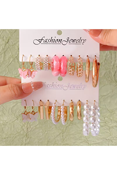 Takıtolia Melody 10 Pairs of Pearl & Figured & Hoop Earrings Gold Color Desig...