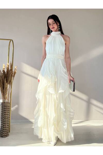 zoezoe 2-Eli-s Straplez Volanlı Yırtmaçlı Sıfır Kol Janjan Şifon Abiye Elbise