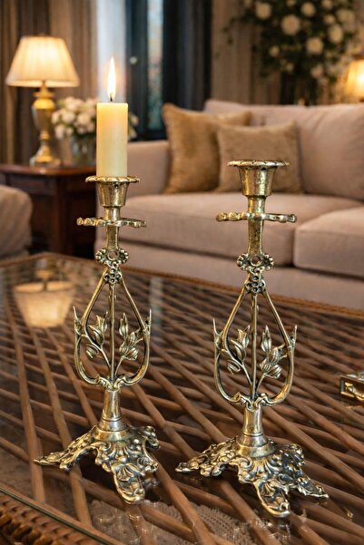 DecoZel 2'li Pirinç Döküm Şamdan Dekoratif Ev Aksesuarı Paslanmaz Kararmaz Re...