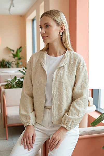MODAQU Zippered Embroidered K Linen Jacket - Cream