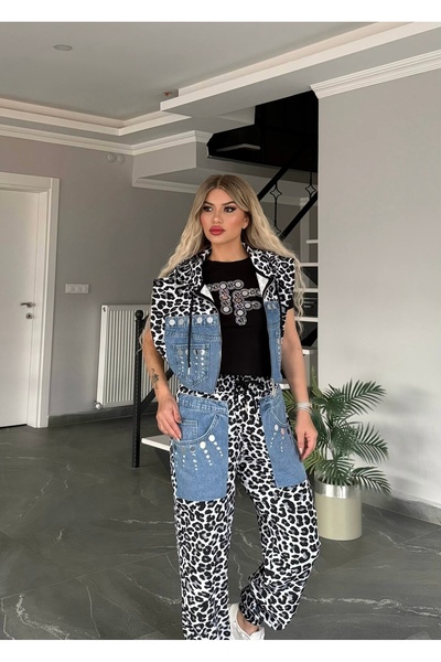 RED WOMAN FASHİON Vest Set Leopard Triple Set