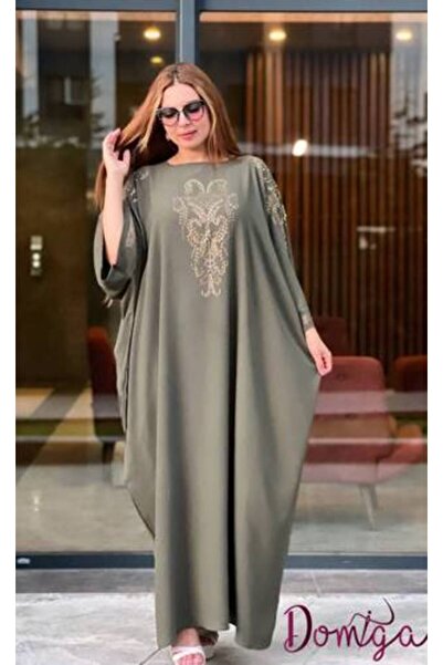domiga Loose Fit Oil Green Jalabiya with Golden Strass