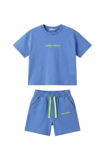 WOWMOMKIDS طقم شورت تي شيرت أزرق للأطفال من الجنسين مطبوع - طقم صيفي مريح مكو...